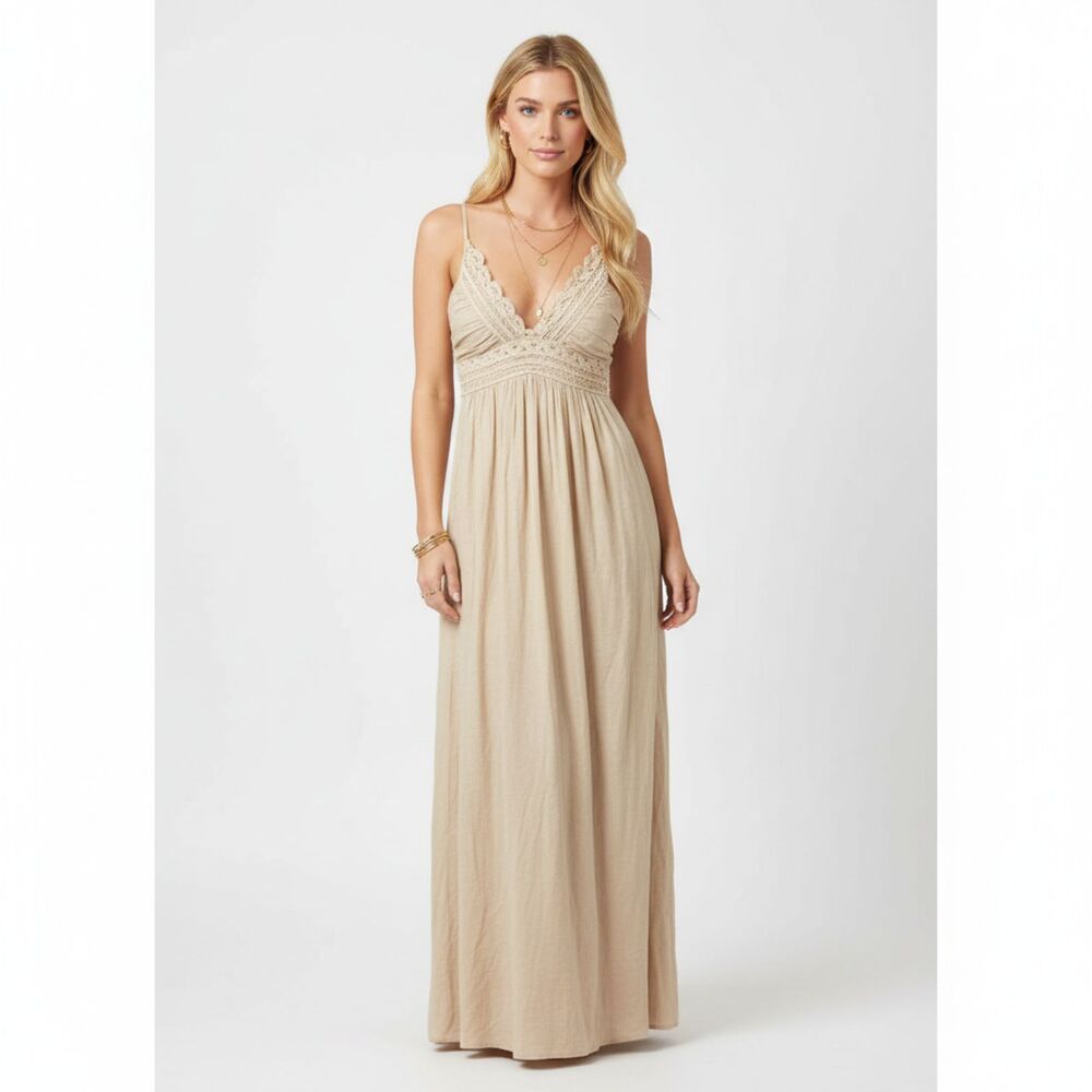 Tan Cotton Crochet Lace Trim Long Sleeveless Maxi Dress M
